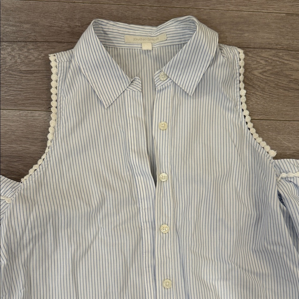 Jonathan Simkhai Blue and White Striped Cold Shoulder Blouse - Picture 5 of 6